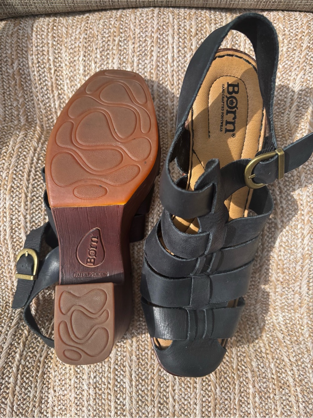 Born Black Leather Platform Sandals with Wood-Tone Heel - Picture 4 of 4